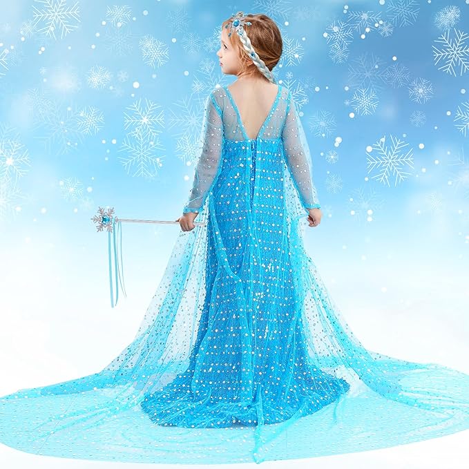 Latocos Girls Elsa Dress Costume Princess Dresses for Girls Ages 3-10 with Long Cape for Birthday Halloween Cosplay