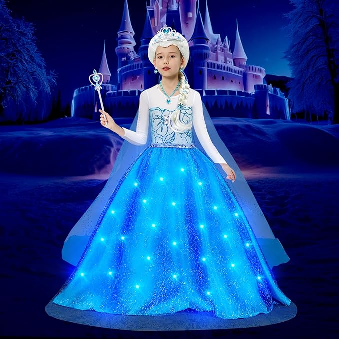 G.C Girls Light Up Elsa Dress Costume Toddler Princess Dress Up with Cape Kids Elsa Wig Crown Toys Halloween Cosplay