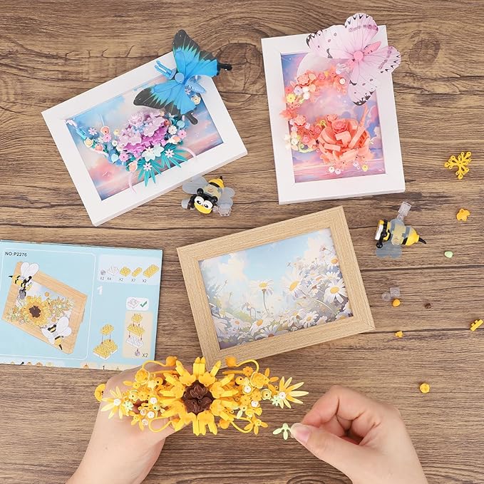 QLT QIAOLETONG Butterfly Insects Flowers Photo Frame Micro Mini Bricks Building Set, Botanical Collection Wall Art Home Office Decor, Ideas Gift Building Toy for Boys Girls Adults（P2278）
