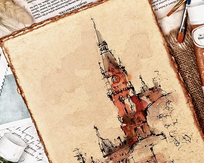 LEATHER VILLAGE Watercolor Paper- 8 X 6 inches, 50 Sheets - Mixed Media Watercolor Paper - 150 GSM Thick Deckle Edge Virgin Cotton Handmade Paper - Vintage Toned