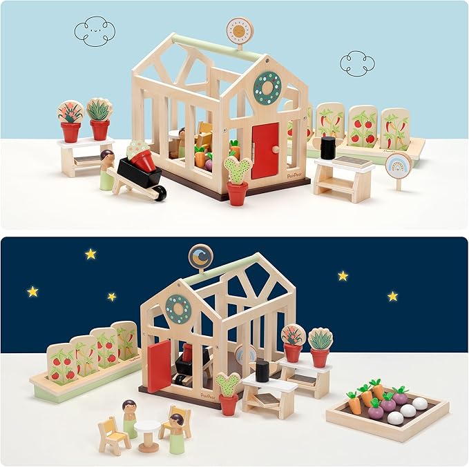 PairPear Dollhouse Furnitures Flower Garden Toy Greenhouse Playset,Toddlers Wooden Toys Dollhouse Garden Toys,Pretend Play Food Set for Girls Boys 3 Years and Up
