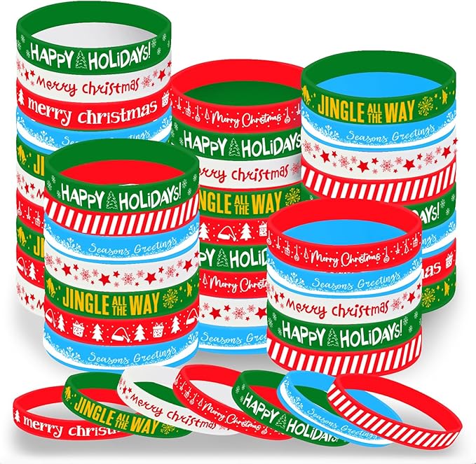 Morcheiong 42 Pieces Christmas Rubber Bracelets 7 Classic Design Silicone Wristbands for Merry Xmas Party Favors (Mixed Color)