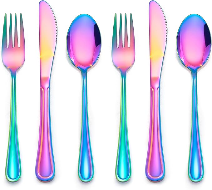 E-far 6-Piece Kids Silverware, Stainless Steel Toddler Utensils Safe for Preschooler/Children, Includes 2 Forks 2 Spoons 2 Knife, Slimline Adult Look & Small Size, Rust Free & Dishwasher Safe-Rainbow