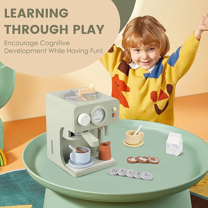 Kids Wooden Coffee Maker Toy with Grinder, Pretend Play Kitchen Appliances & Accessories Toy Gift for Kids Toddlers Boys Girls