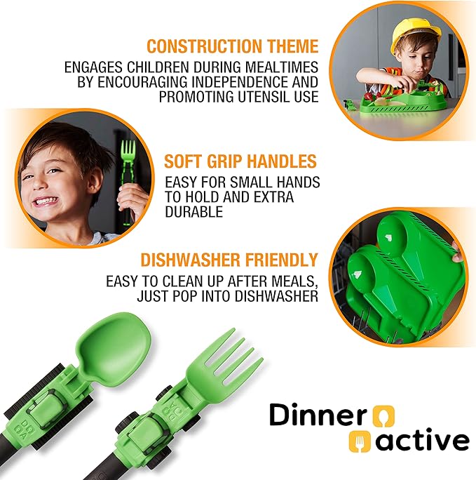 Dinneractive Utensil Set for Kids – Construction Themed Toddler Forks and Spoons, Toddler Utensils – 2-Piece Set – Green Construction Utensils for Toddlers - Loader & Tractor Toddler Spoons and Forks