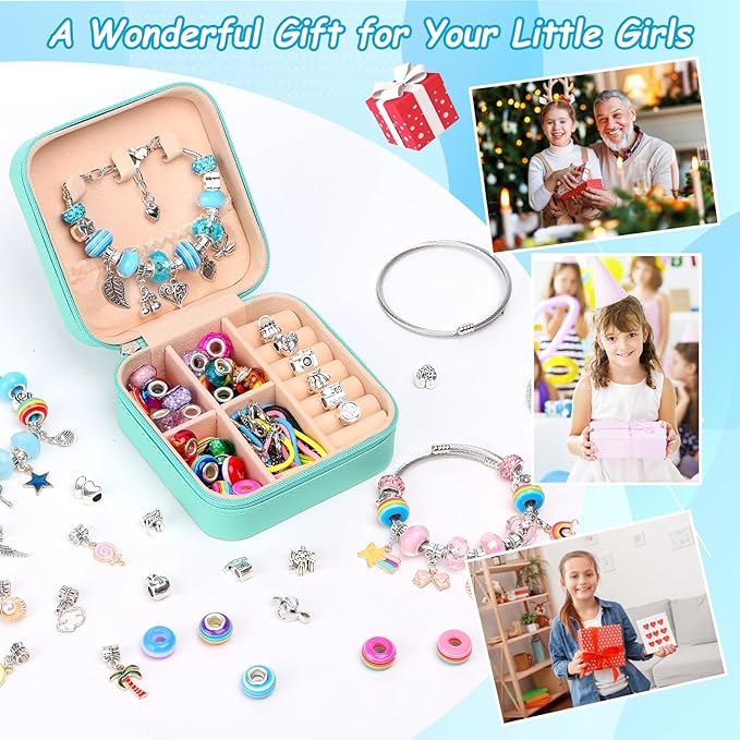 Charm Bracelet Making Kit for Girls, Kids Charm Bracelet Making Kit with Jewelry Gift Box for Girls Sister, Necklace Arts Crafts Teen Girl Personalized Gifts for Birthday Holiday Valentines
