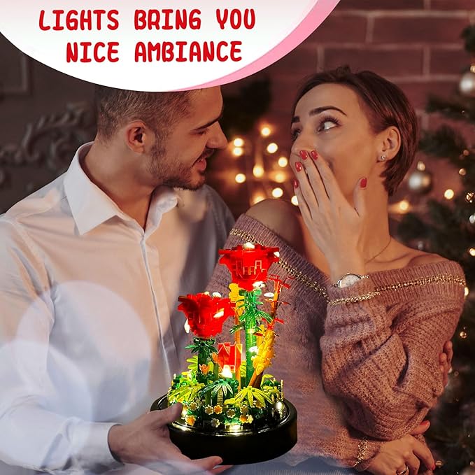 Topdear Flower Bouquets Building Sets with LED String Light and Dust Cover, 593 Pcs Red Rose Bouquet Building Block Gifts for Mothers Day, Valentines Day, Birthday, Anniversary, Christmas