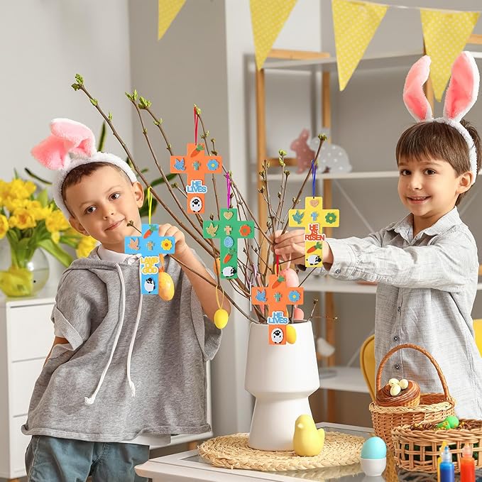 Fennoral 24 Pack Easter Cross Craft Kit for Kids Make You Own Cross Foam Stickers Ornament DIY Easter Arts and Crafts for Spring Party Supplies Easter Decoration