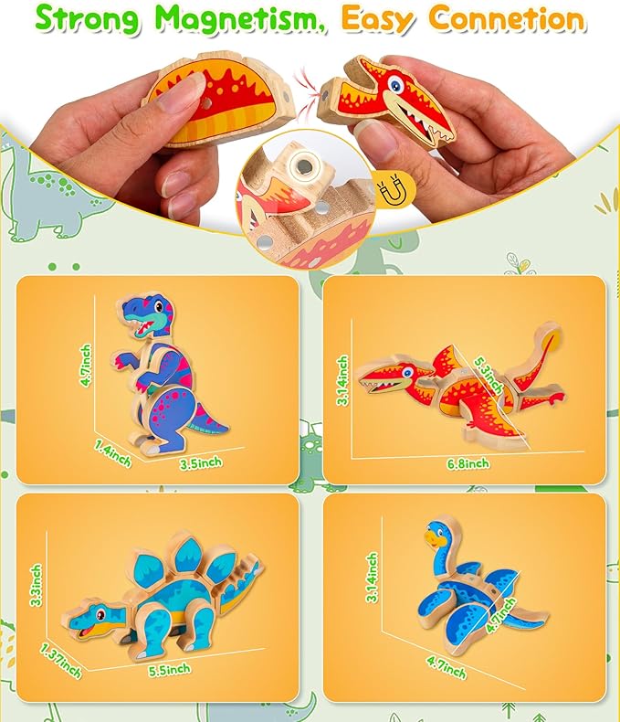 Dinosaur Building Blocks Set, Wooden Dino Blocks, Magnetic Dinosaur Builders, STEM Take Apart Dinosaurs Playset, Montessori Fine Motor Skills Educational Learning Toy Gift for 3 4 5 Years Kids