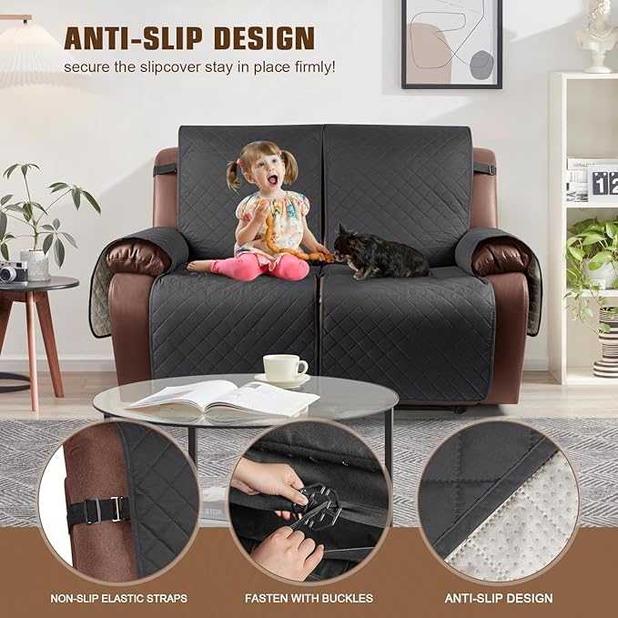 KinCam Waterproof Oversized Loveseat Recliner Cover, Non-Slip Reclining Couch Covers for 2 Seat, Recliner Sofa Cover Furniture Protector with Elastic Straps for Kids, Pets, Charcoal Gray