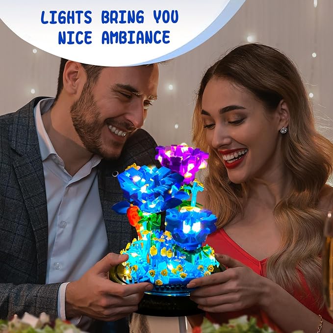 Topdear Flower Bouquets Building Sets with LED String Light and Dust Cover, 630 Pcs Blue Rose Bouquet Building Block Gifts for Mothers Day, Valentines Day, Birthday, Anniversary, Christmas