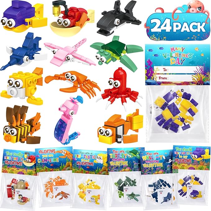 Valentines Day Gifts for Kids, 24 Pack Valentines Day Cards for Kids Classroom School with Sea Animal Building Block Set, Kids Party Favors Goodie Bags Bulk Classmate Boys Girls Exchange Gifts