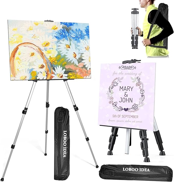 Portable Artist Easel Stand, Art Drawing Easels for Painting Canvas Wedding Signs & Display，Adjustable Height Painting Easel with Bag, Height from 17" to 60" (2 Pack,Silver)