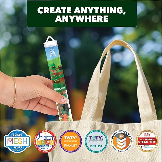 PLUS PLUS 3D Puzzle Building Block Set, 70 Mini Interlocking Pieces, Fun Holiday Activities for Kids - Leprechaun Mini Maker Tube