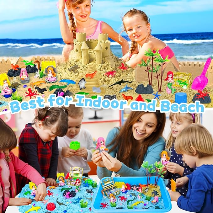Ocean Sensory Bin, Mermaid Play Sand Kits Sensory Playsand for Boys Girls Ages 3 4 5 6 7 8 Gifts, 57 Pcs Mermaid Sensory Sand Kit Toys Castle Sea Animal Molds Sandbox Play Sand Kits Gift