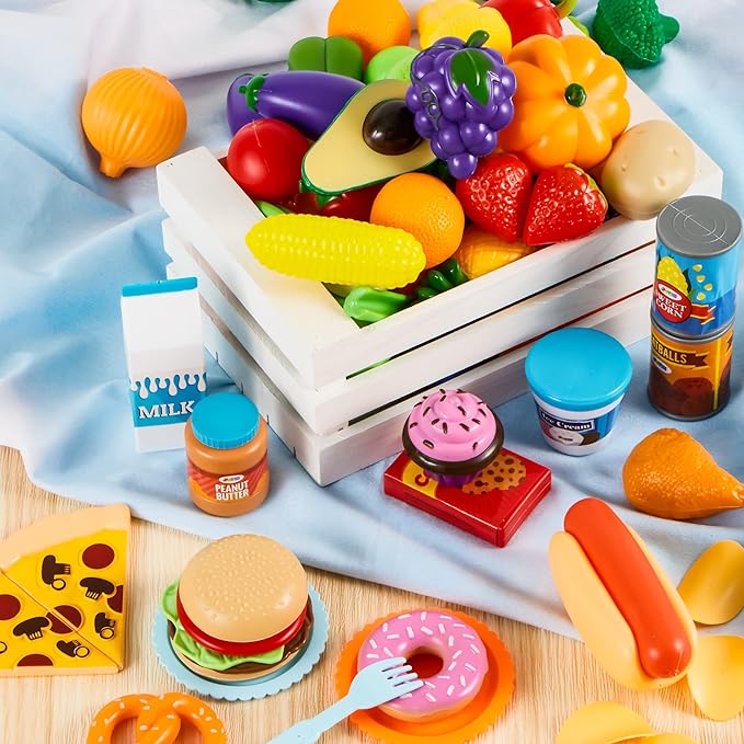 JOYIN 200 Pieces Kids Play Food Toy, Deluxe Pretend Play Set, Kids Kitchen Accessories with Realistic Colors, Toddler Birthday Gift, Party Toys