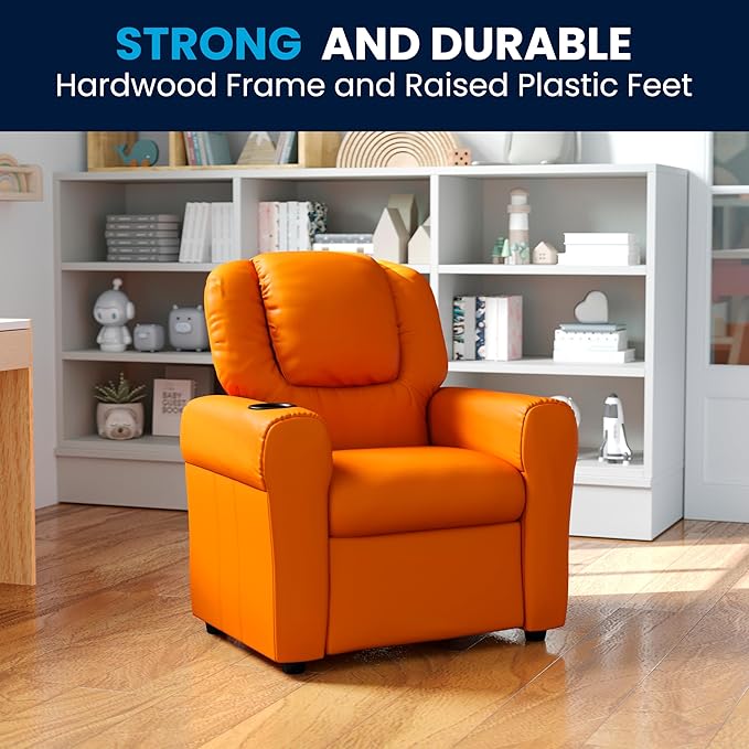 Flash Furniture Vana Vinyl Kids Recliner with Cup Holder, Headrest, and Safety Recline, Contemporary Reclining Chair for Kids, Supports up to 90 lbs., Orange