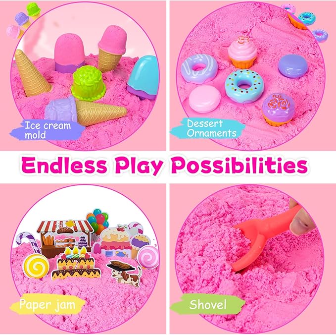 Hymaz Ice Cream Sensory Bin, 32 pcs Pink Sensory Bins for Kids 5-7, Kids Play Sand for Sandbox Toys, Sandbox with lid, Ice Cream & Cakecup, Kid Sensory Sand kit Birthday Gift for Toddler Age 3-8