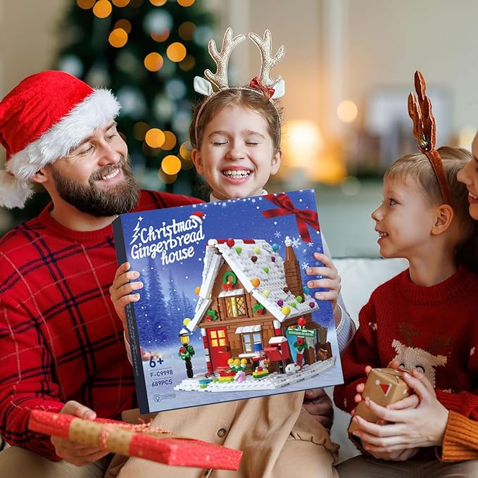 Christmas Gingerbread House Building Kit with LED Lights, Christmas Village House Blocks Set, Compatible with Lego, Xmas Decorative Gifts for Girls and Boys, Kids and Adults, Ages 6+