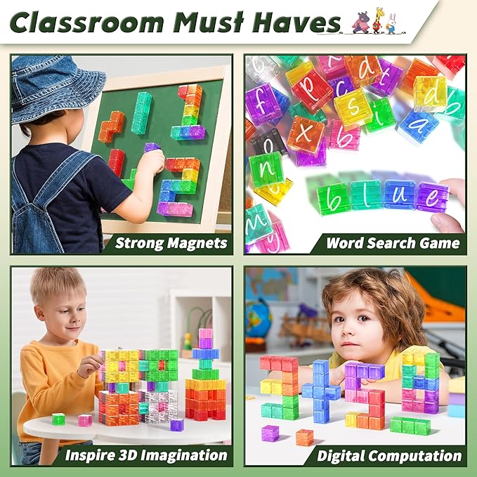 64PCS Magnetic Blocks Building Toys - Transparent Rainbow Magnetic Cubes Set, Outdoor Sensory Autism STEM Toys Gifts for Kids Aged 3+ Year Old Boys & Girls