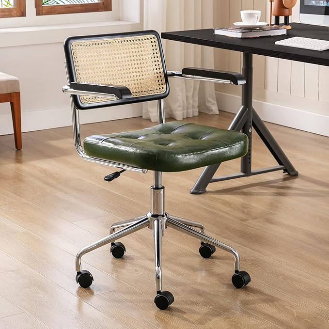 Zesthouse Modern Home Office Chair Leather Desk Chair with Rattan Back, Vanity Chair for Girls Women, Upholstered Tufted Swivel Armchair for Bedroom, Height Adjustable Computer Task Chair