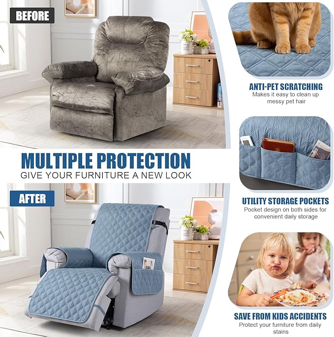 TAOCOCO 100% Waterproof Recliner Covers, Recliner Sofa Covers with Leg Straps, Reversible Recliner Couch Cover for Reclining Chair, Washable Couch Protector for Pets Kids(1 Seater 28", Sky Blue)