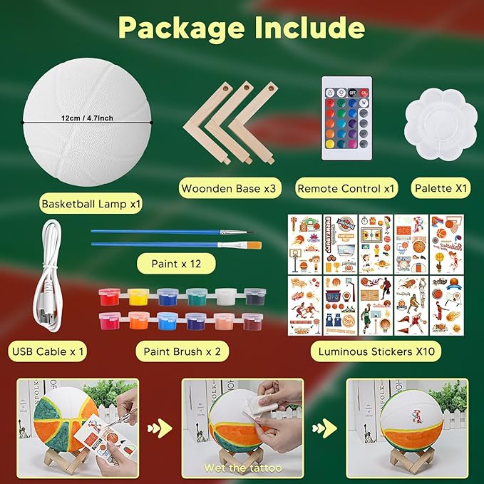 Paint Your Own Basketball Lamp Kit,16 Colors 4.7 Inch DIY 3D Basketball Night Light,Arts and Crafts for Kids Ages 4-12,Art Supplies for Kids Girls Boys Birthday Gifts