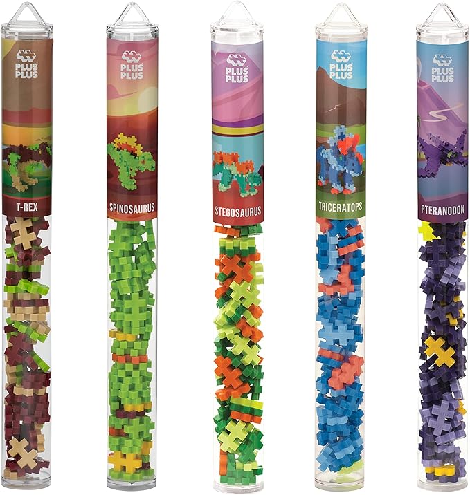 PLUS PLUS Building Block Playset Kit, Themed Figures 3D Puzzle, Fun Stem Toys for Kids, 350 Mini Interlocking Pieces - 5 Tube Bundle, Dinosaur