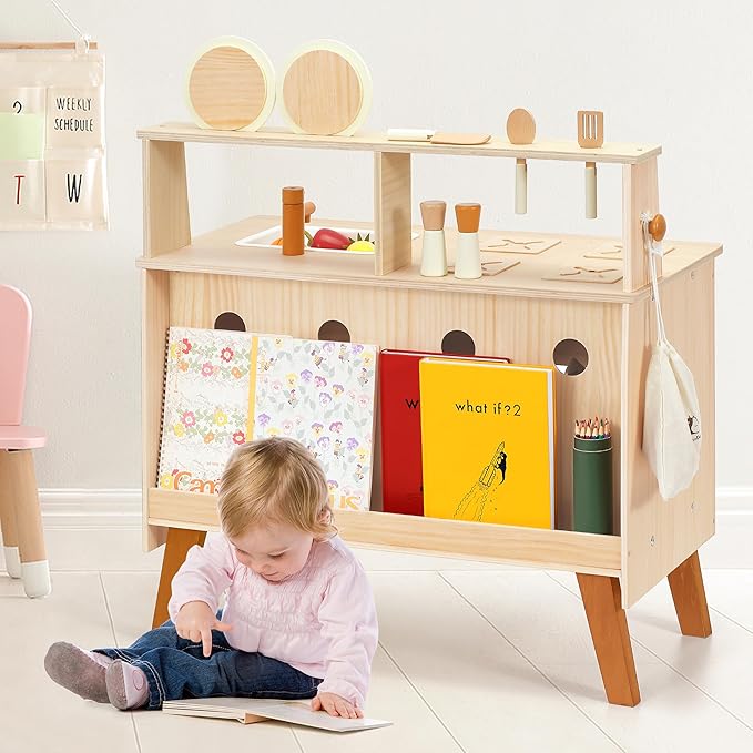 PairPear Play Kitchen for Kids, Wooden Toys Play Kitchen Sets with Toy Play Food Plates and Dishes, Larage Toy Storage System Kids Play Kitchen Accessories Designed Toys Gift for Age 3+