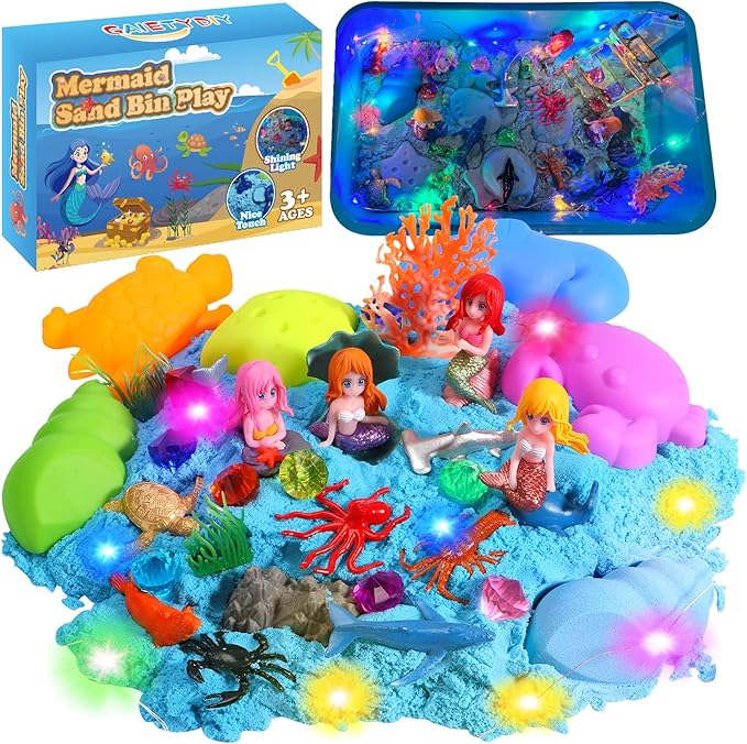 Mermaid Sensory Bin for Girl, Magic Sand Art Kit with LED Light, 2.2lbs Sensory Sand, Ocean Sea Animals, Sand Box with lid, Mermaid Toy Christmas Birthday Gift for Girls Ages 3 4 5 6 7 8…