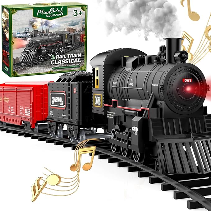 Train Set, Electric Train Set Toys with Smoke, Lights & Sound, Train Set for Under Christmas Tree with Steam Locomotives, Cars and Tracks, Christmas Train Toys for 3 4 5 6 7+ Years Old Kids