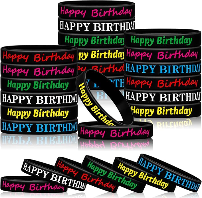 Sratte 120 Pcs Happy Birthday Rubber Bracelets for Kids Stretch Wristbands Bulk Birthday Bracelets for Classroom Student Back to School Gift Teacher Birthday Party Favors Supplies