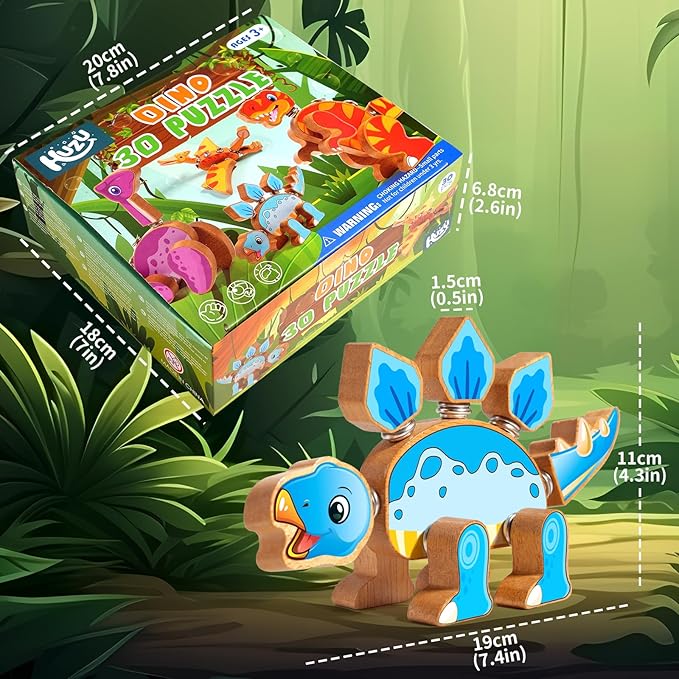 HUZU Dinosaur Building Blocks, Wooden Dino Snap Blocks, Snap Dinosaur Toys for Kids 3-5, 5-8, Fine Motor Skills STEM Kits Educational Learning Building Toys Gifts for Preschool Children