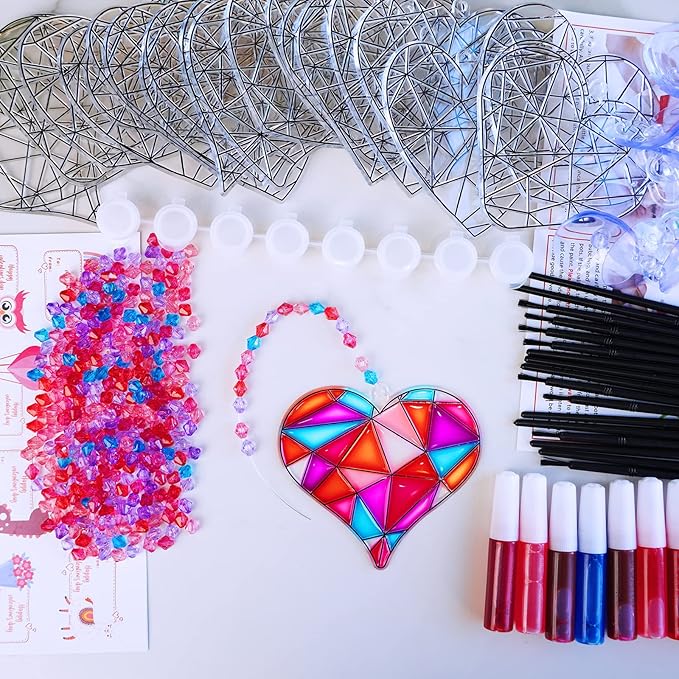 Winlyn 24 Sets Heart Suncatchers Ornaments Decorations DIY Window Paint Art Stickers Crafts Heart Sun Catchers Kits for Kids Valentine's Day Pirate-Themed Birthday Activities Party Favors Art Project