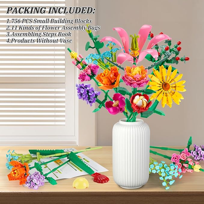 756 PCS Flower Bouquet Building Sets - 11 Kinds of Building Block Flowers, Botanical Collection Crafts Set for Home Office Decoration, Valentines Day for Adults Girl, No Vase