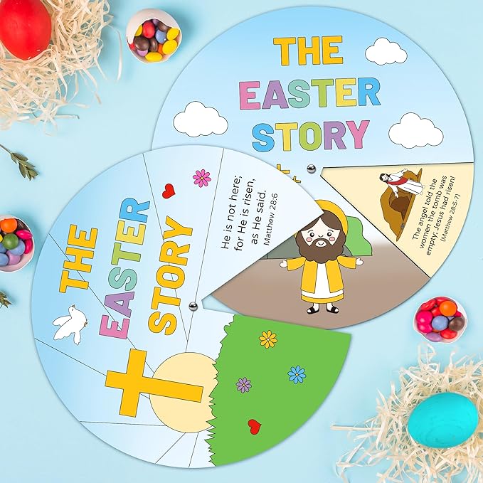 COcnny 24 Sets The Easter Story Craft, Color Your Own Easter Jesus Wheel for Kids, Religious Bible Coloring Cards DIY Crafts Art Game for Sunday School Christian Classroom Home Activities VBS Supplies