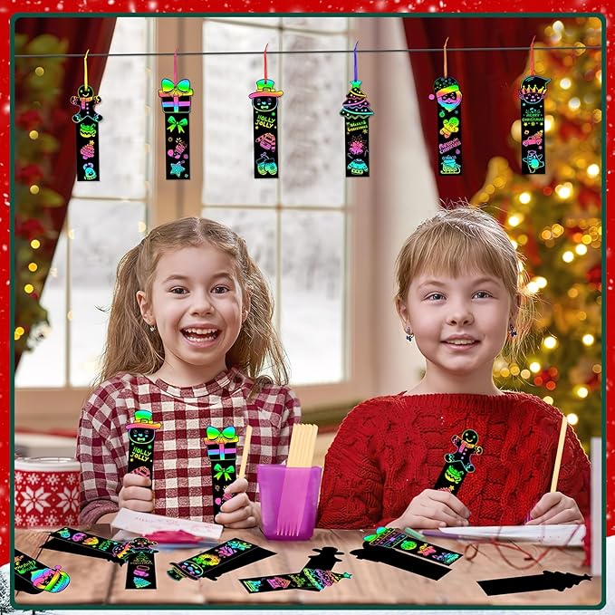 AUGSUN 96Pcs Christmas Scratch Bookmarks, Cute Christmas Tree Santa Snowman DIY Crafts Kit Rainbow Magic Scratch Paper Art for Xmas Hanging Ornaments Christmas Party Favors