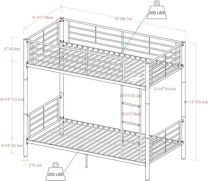 Walker Edison Elodie Urban Industrial Twin over Twin Metal Bunk Bed, Twin over Twin, Black