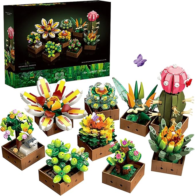 9 Flowers Succulents Botanical Collection Building Set Tiny Succulent Bonsai Plant Toy Compatible with Lego Flowers for Adult Home Décor Ideas Gifts for Boys Girls Women 913 PCS