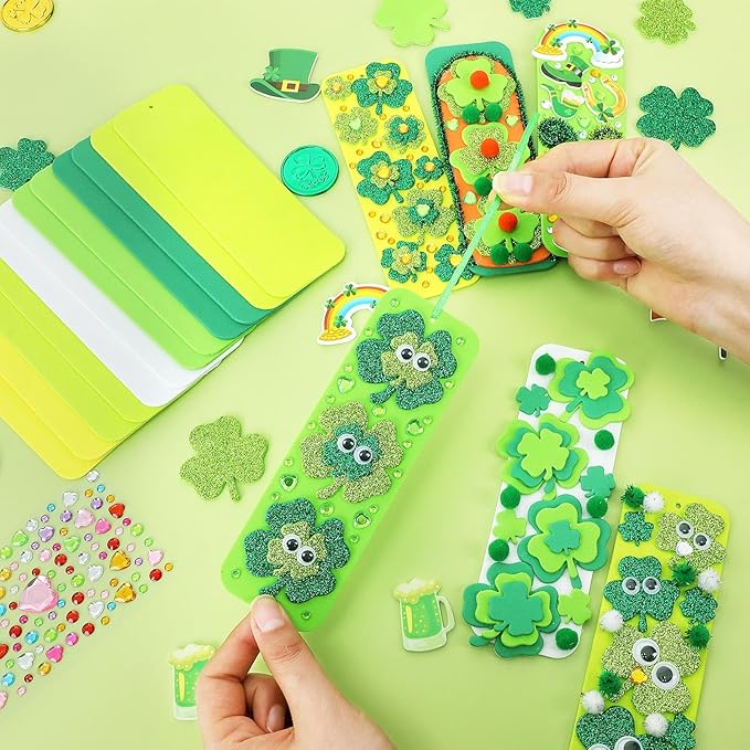 JULBEAR 36 Sets St. Patrick's Day Crafts Kits, Shamrock Bookmark Craft Kits DIY Blank Foam Bookmarks Decorations Leaf Foam Stickers Arts for Kids Classroom Activity St Patrick's Day Party Favors