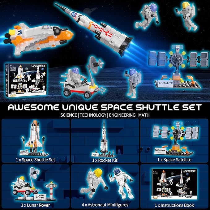 Valentines Day Gifts for Kids, Classroom-valentines Space Exploration Shuttle Toys for Aged 6-12 Kids, Girls, Boys, 4 IN 1 STEM Rocket Building Kit with 4 Astronauts, Kids Creative Gift Idea, 415 PCS