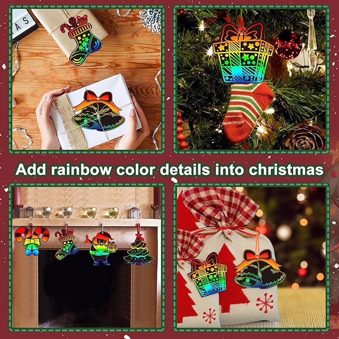 FEBSNOW Christmas Crafts for Kids, Magic Rainbow Christmas Scratch Art Paper Cards Christmas Tree Hanging Ornaments Christmas Gifts for Kids Holiday Party Favors Games (Christmas)