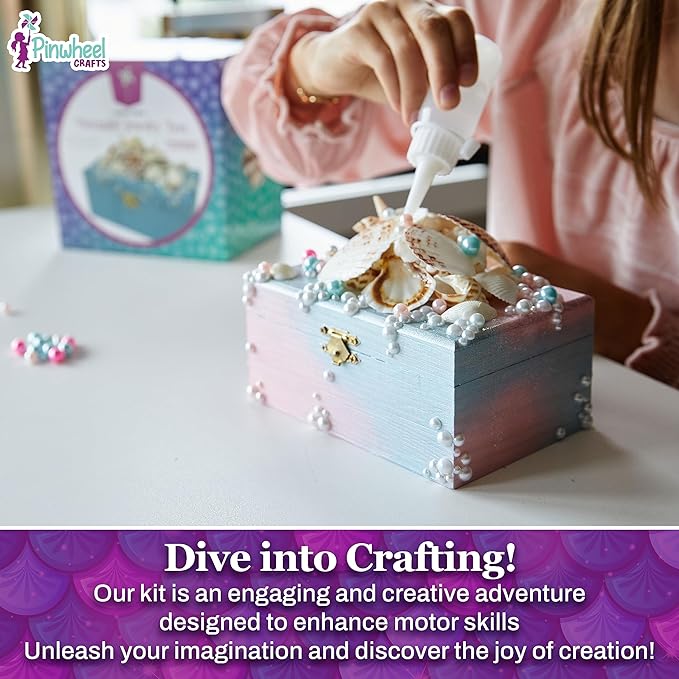 Pinwheel Crafts Mermaid DIY Jewelry Box Kit for Girls Ages 4+ - 530Pc Make Your Own Jewelry Box, Girls DIY Craft Kits - Mermaid Craft Gifts for Girls - Painting Arts and Crafts for Girls 4-6 7 8 Years