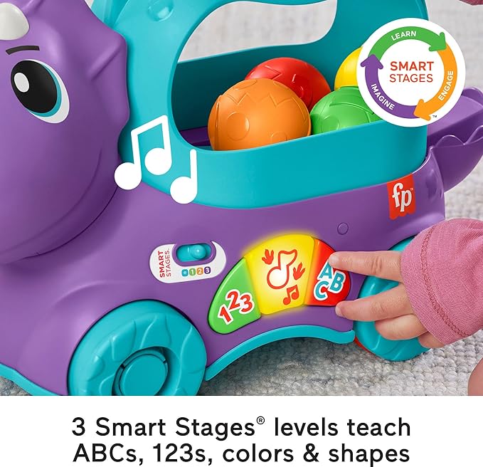 Fisher-Price Toddler Learning Toy Poppin’ Triceratops Dinosaur Pull-Along Ball Popper with Smart Stages for Ages 1+ Years