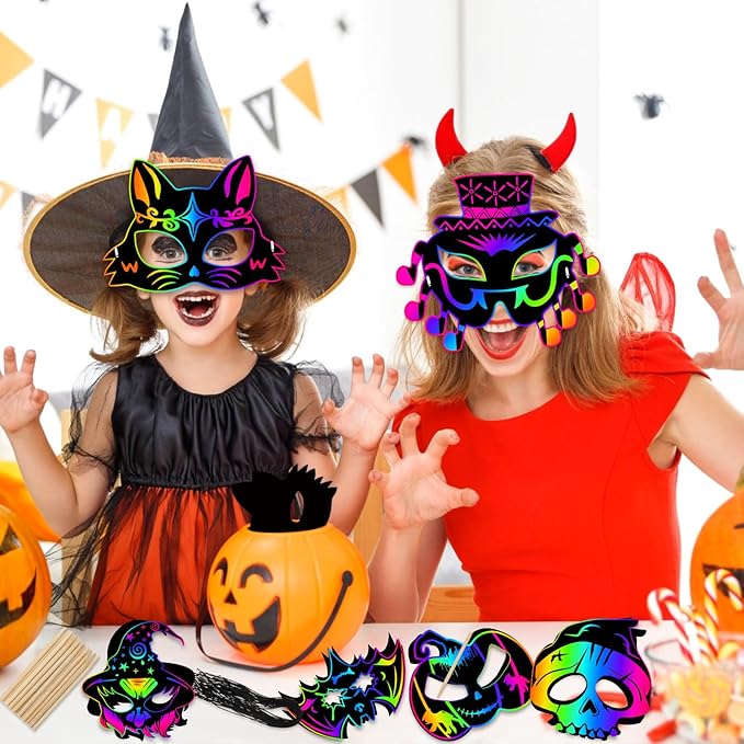 JMUQ Halloween Crafts Scratch Mask for Kids, 36Pcs Halloween Games Scratch Art Craft Kit Rainbow Scratch Paper for Halloween Party Favors Supplies Classroom Favors Halloween Activities