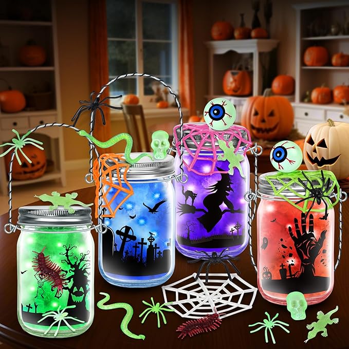 SpringFlower Halloween Craft for Kids, Halloween Mason Jar with Accessories,Halloween Art Activities Party Favors Supplies, Halloween DIY Lantern Jar,4 Pack