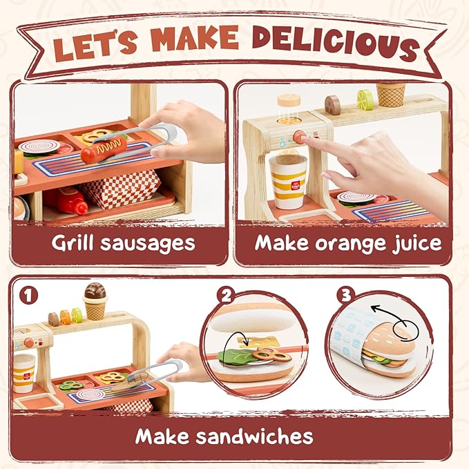 Lehoo Castle Wooden Play Food Sets, Toy Food for Kids Ages 4-8, Play Food Sets for Kids Kitchen, Play Hamburger Counter Shop, Fake Food Pretend Play for Toddlers 3-5