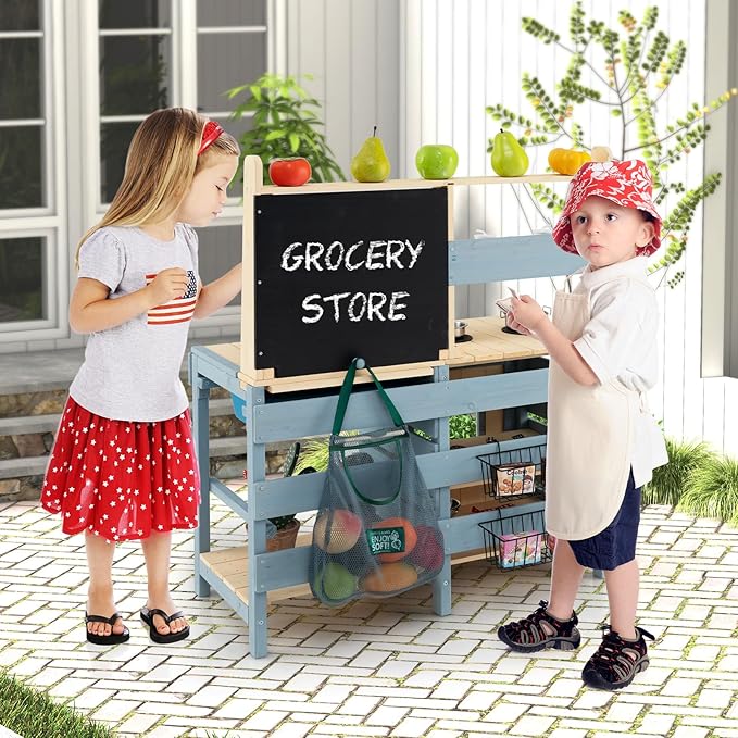 Costzon 2 in 1 Mud Kitchen, Fir Wood Outdoor Play Kitchen & Grocery Store w/Removable Sink, Water Box & Faucet, Stoves, Storage Bag, Metal Baskets, Double-Sided Kids Kitchen Playset for Boys Girls 3+