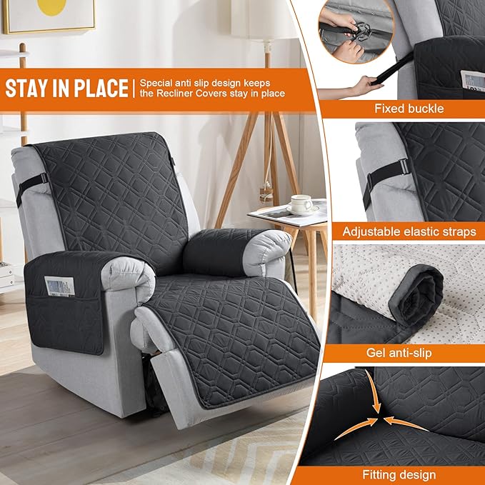 VANSOFY 100% Waterproof Recliner Chair Covers, Recliner Cover Non-Slip Dog Chair Cover Furniture Protector Washable Slipcover with Pocket, Elastic Straps for Pets, Dogs(Black, 28")