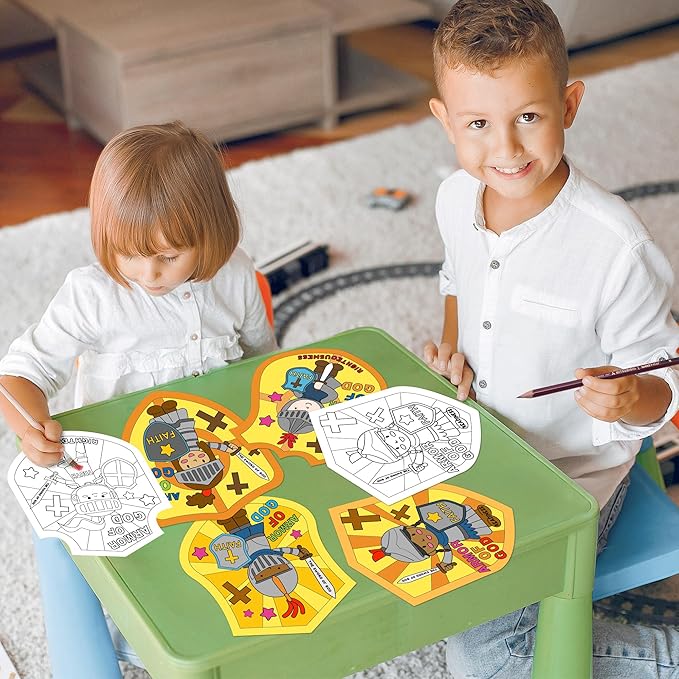 Dvbonike 24Pcs Sunday School Crafts for Kids Color Your Own Armor of God Craft Kit Religious Christian Coloring Card Soldier with Shield and Sword Drawing Party Gifts VBS Home Classroom Decor Supplies
